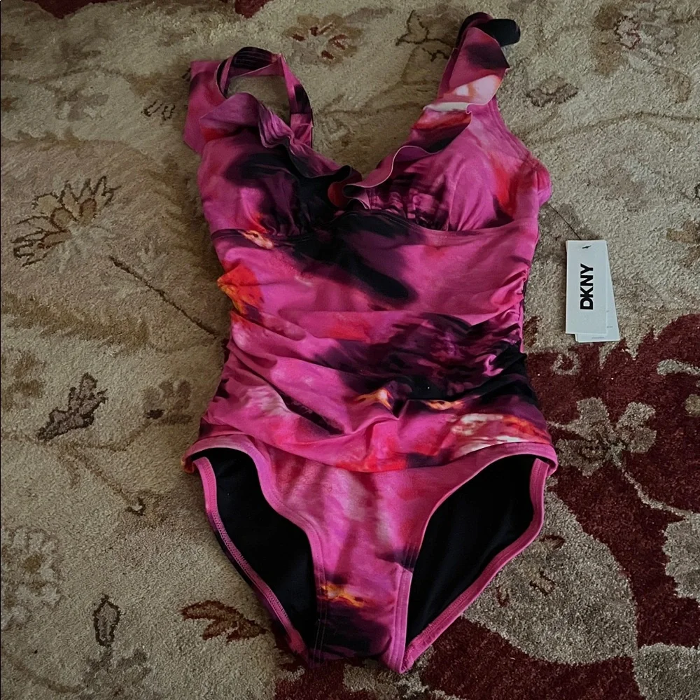 DKNY Vibrant Pink and Black One-Piece Swimsuit - Picture 3 of 7